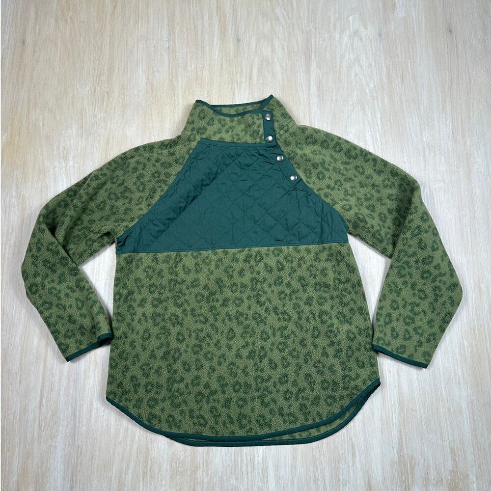 J Crew Olive Leopard Print Fleece Pullover Quilted Snap Cozy Mock Neck Medium